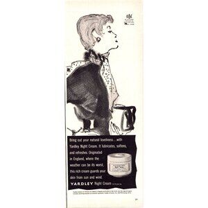1951 Yardley Night Cream Moisturizer Vintage Print Ad Elegant Woman 50s Wall Art